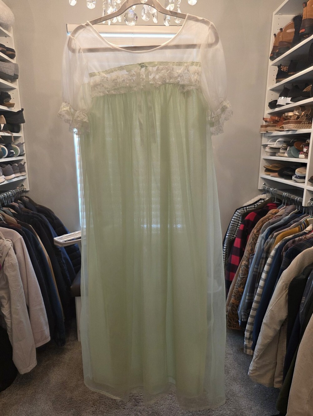Vintage Nylon Nightgown With Chiffon Overlay And Lace